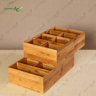 The Bamboo Desktop Organizer enhances coffee bars, offices, and vanity spaces with sophisticated organization.