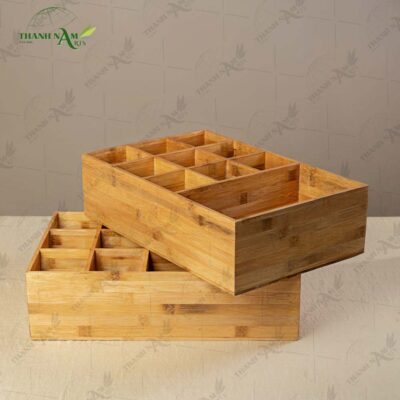 The Bamboo Drawer Organizer with Compartments elevates pantry, café, and vanity displays with sophisticated organization.